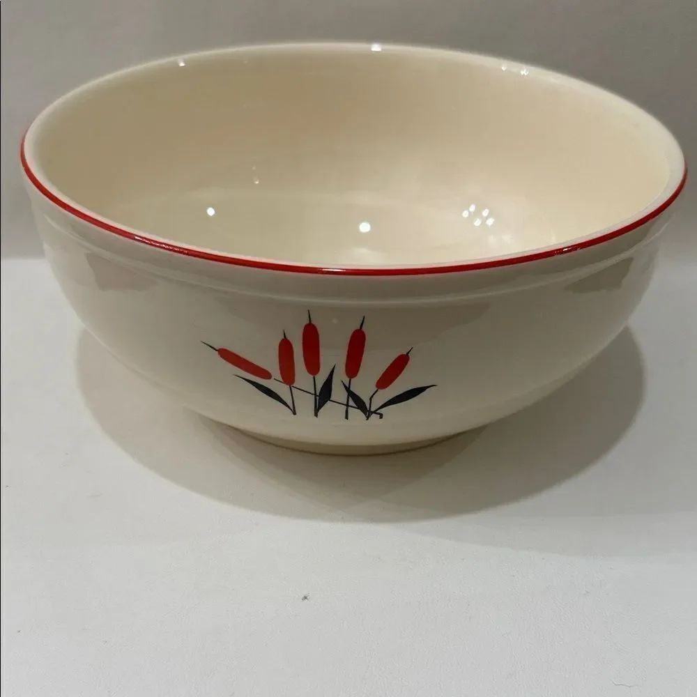 Cattail Cream Red Serveware Bowl USA Sears Roebuck & Co 8 3/4 Round X 3 3/4 Tall
